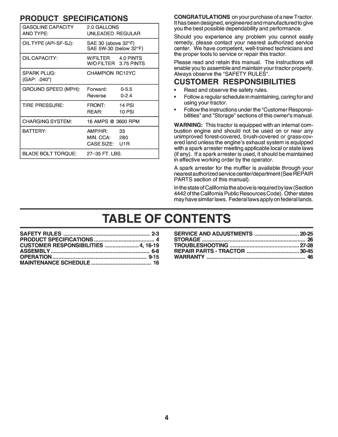 Poulan PR185H42STH owner manual Table Of Contents, Product Specifications, Customer Responsibilities 
