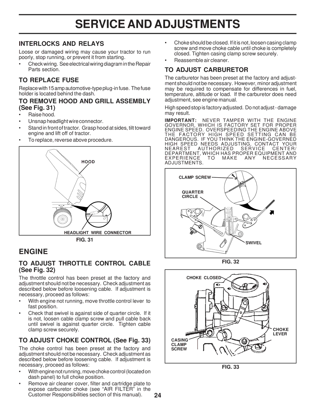 Poulan PR20H42STA owner manual Interlocks and Relays, To Replace Fuse, To Adjust Carburetor 