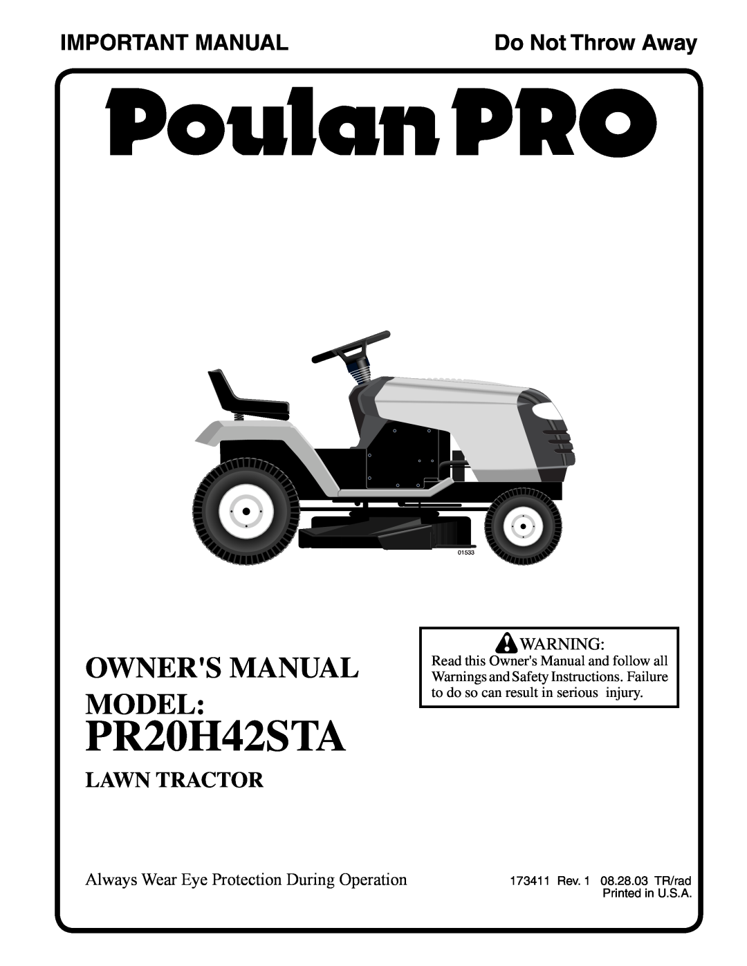 Poulan PR20H42STA owner manual Important Manual, Do Not Throw Away, Lawn Tractor, 01533 