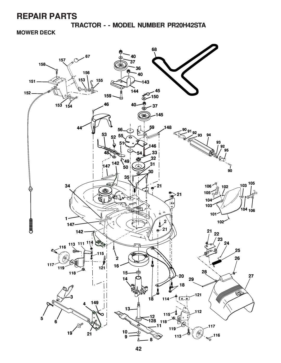 Poulan owner manual Mower Deck, Repair Parts, TRACTOR - - MODEL NUMBER PR20H42STA 