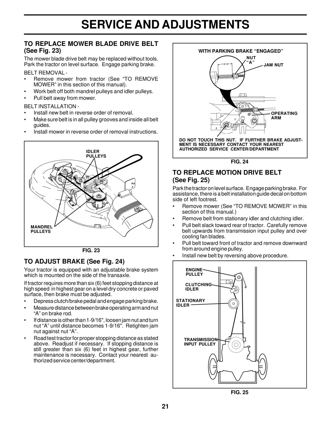 Poulan PR20H42STB To Replace Mower Blade Drive Belt See Fig, To Adjust Brake See Fig, To Replace Motion Drive Belt See Fig 