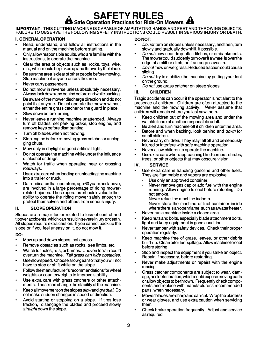Poulan PR20H42STB owner manual Safety Rules, Safe Operation Practices for Ride-On Mowers 