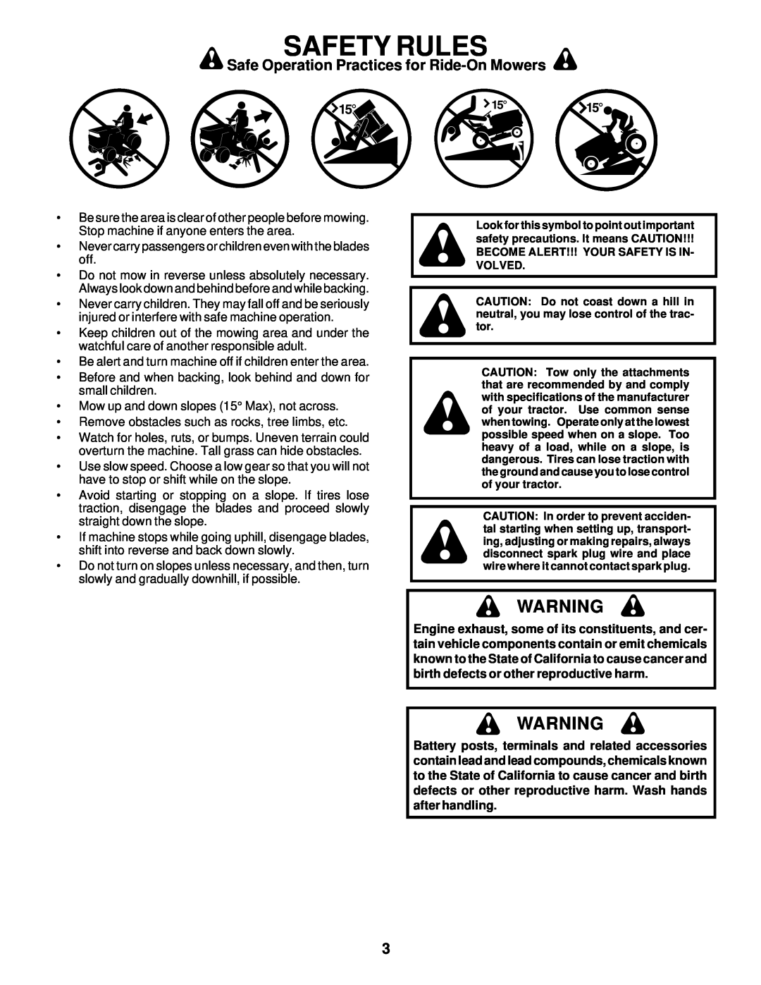 Poulan PR20H42STB Safety Rules, Safe Operation Practices for Ride-On Mowers, Become Alert!!! Your Safety Is In- Volved 