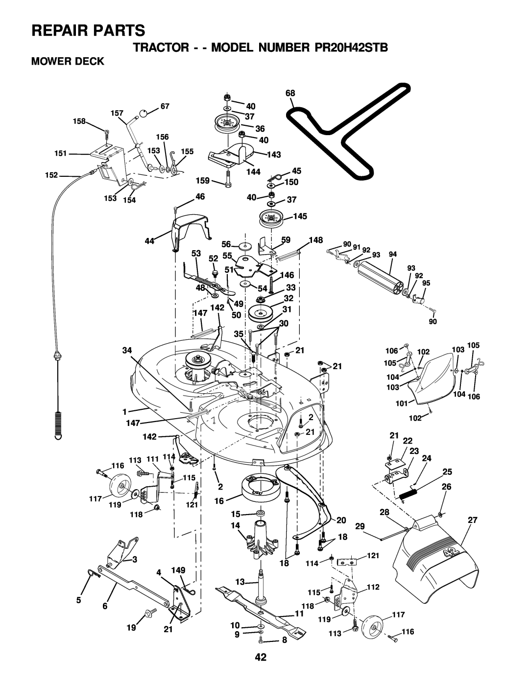Poulan owner manual Mower Deck, Repair Parts, TRACTOR - - MODEL NUMBER PR20H42STB 