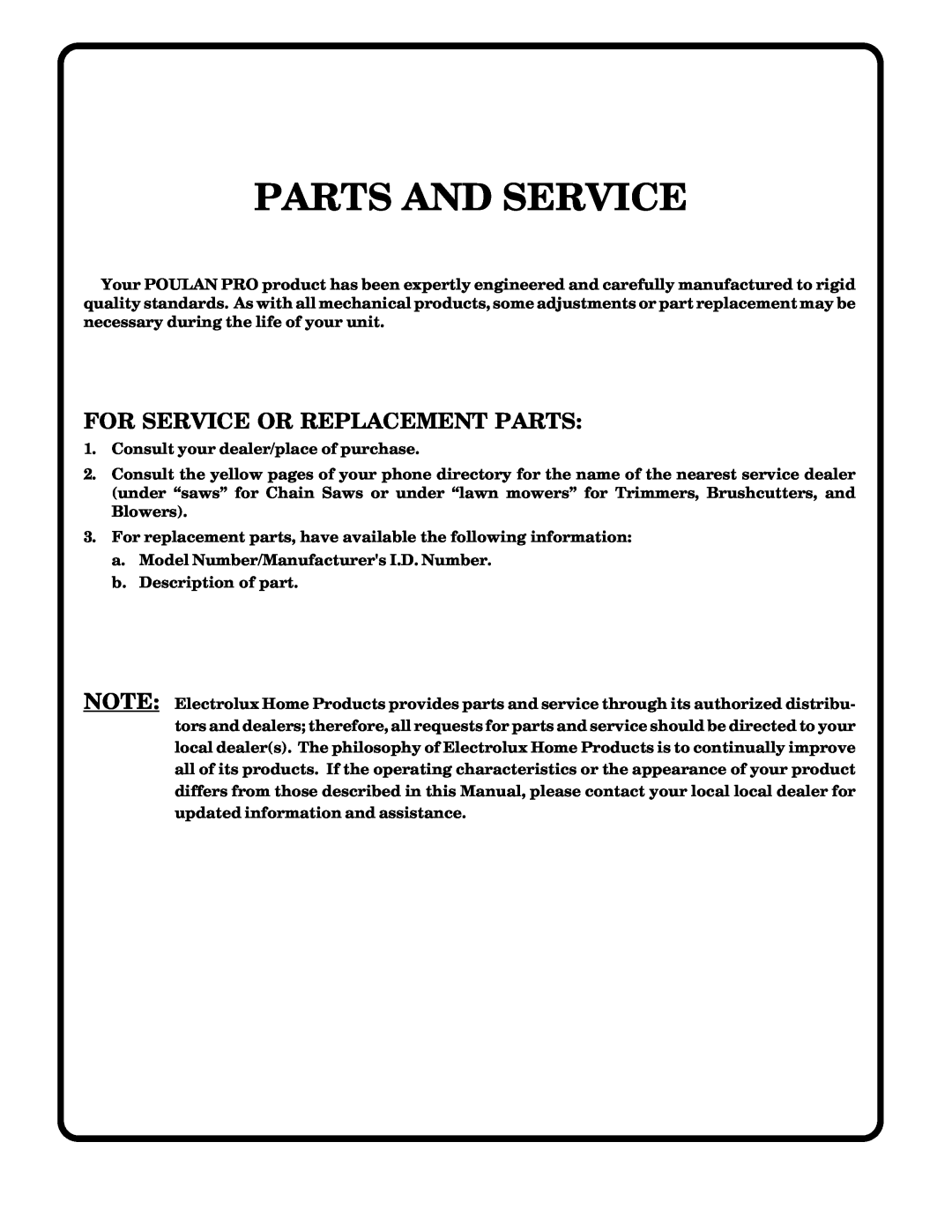 Poulan PR20H42STB owner manual Parts And Service, For Service Or Replacement Parts 