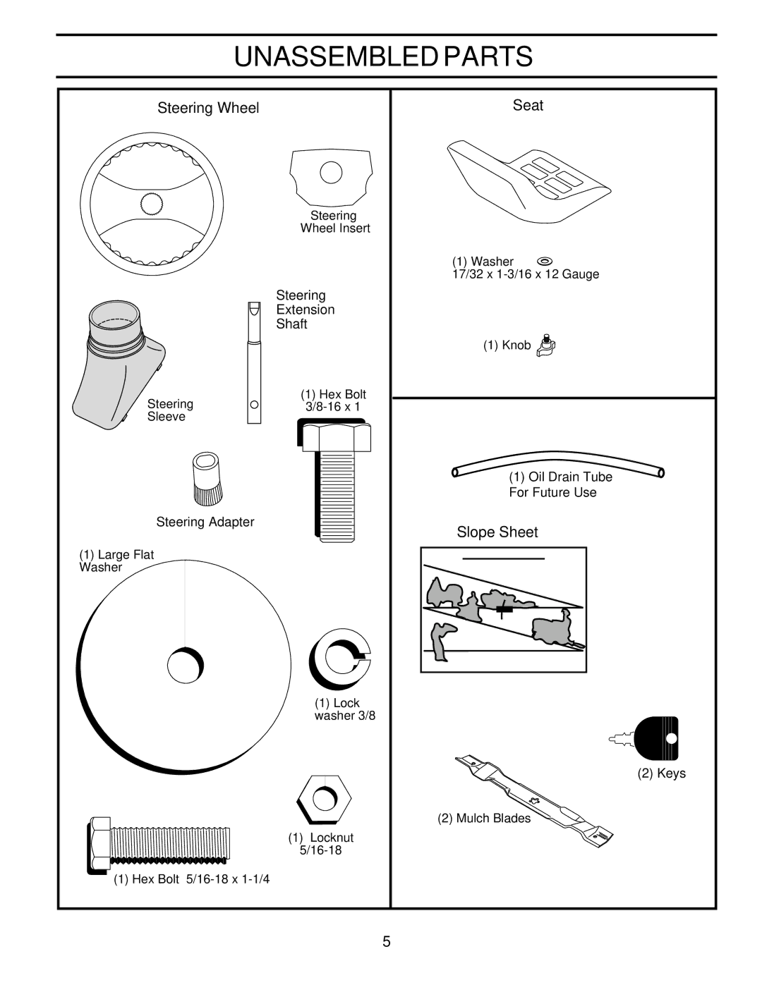 Poulan PR20H42STC owner manual Unassembled Parts, Steering Wheel Seat, Slope Sheet 