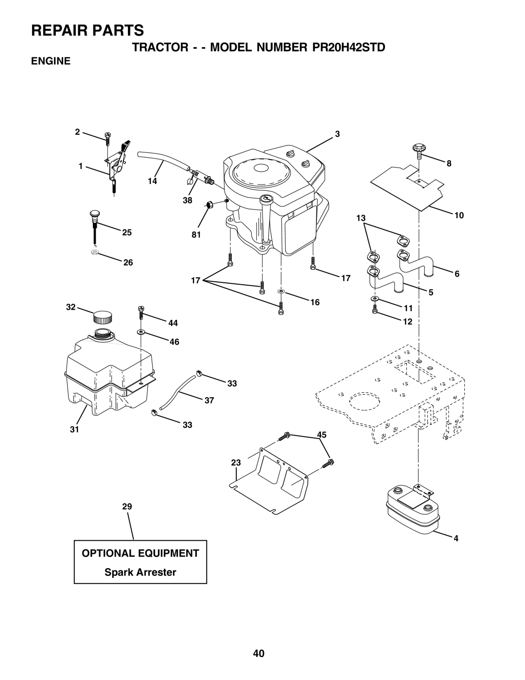 Poulan PR20H42STD owner manual Engine, Optional Equipment, Spark Arrester 