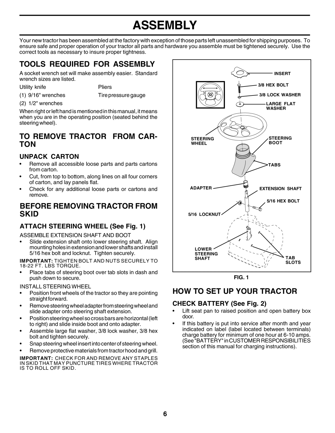 Poulan PR20H42STD Tools Required for Assembly, To Remove Tractor from CAR- TON, Before Removing Tractor from Skid 