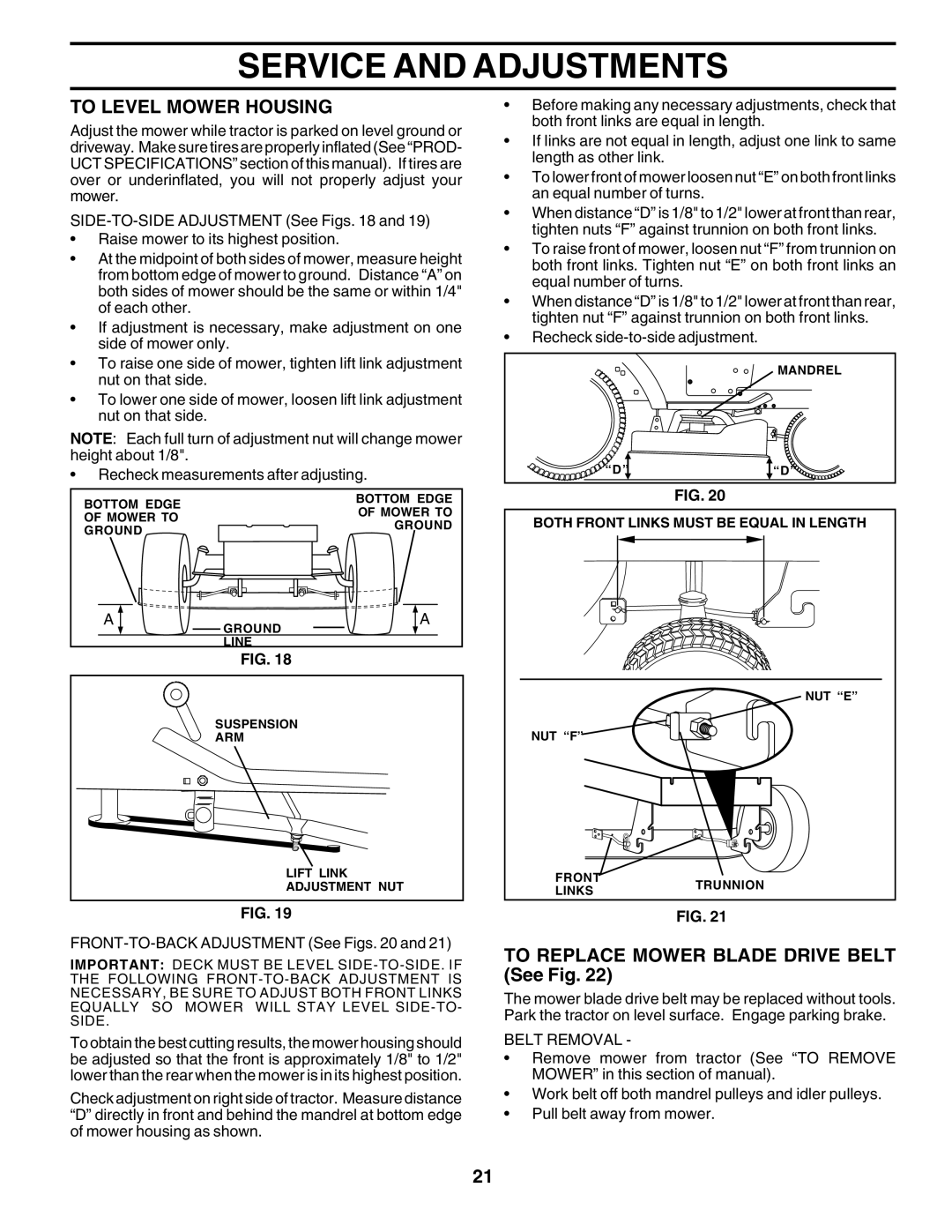 Poulan PR20PH42STA owner manual To Level Mower Housing, To Replace Mower Blade Drive Belt See Fig, Belt Removal 