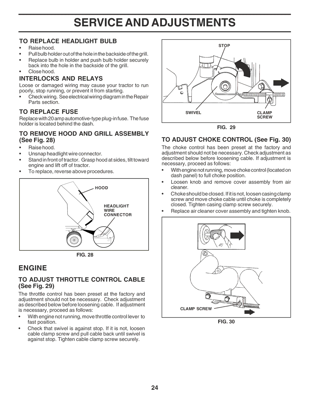 Poulan PR20PH42STA owner manual To Replace Headlight Bulb, Interlocks and Relays, To Replace Fuse 