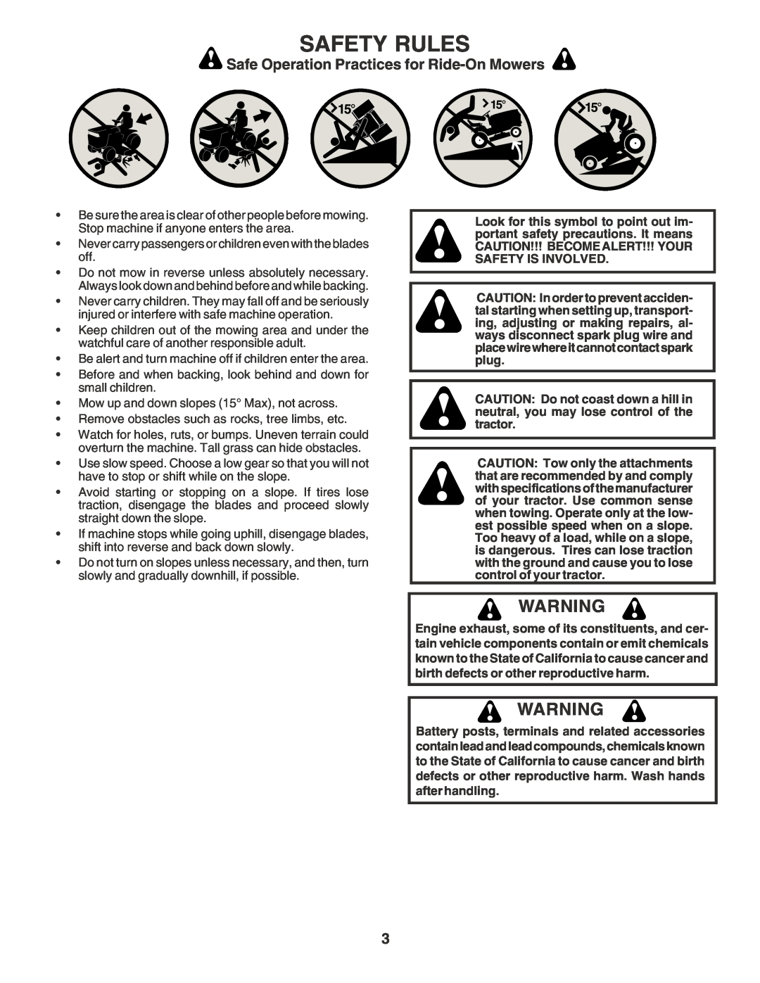Poulan PR20PH42STA owner manual Safety Rules, Safe Operation Practices for Ride-On Mowers 