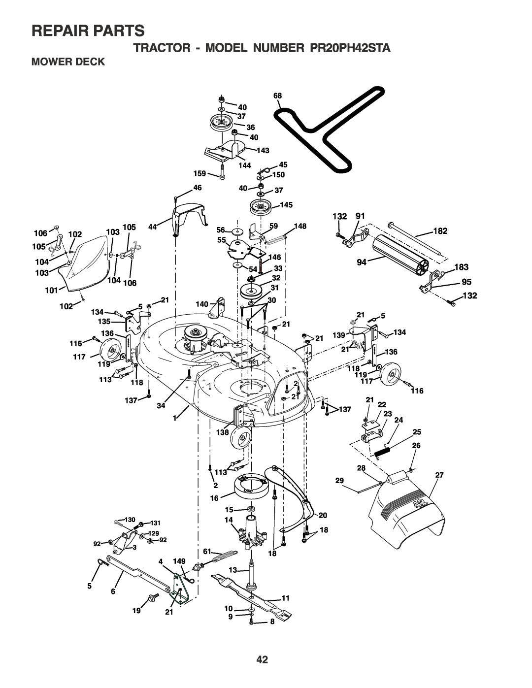 Poulan owner manual Mower Deck, Repair Parts, TRACTOR - MODEL NUMBER PR20PH42STA, 139134, 119 