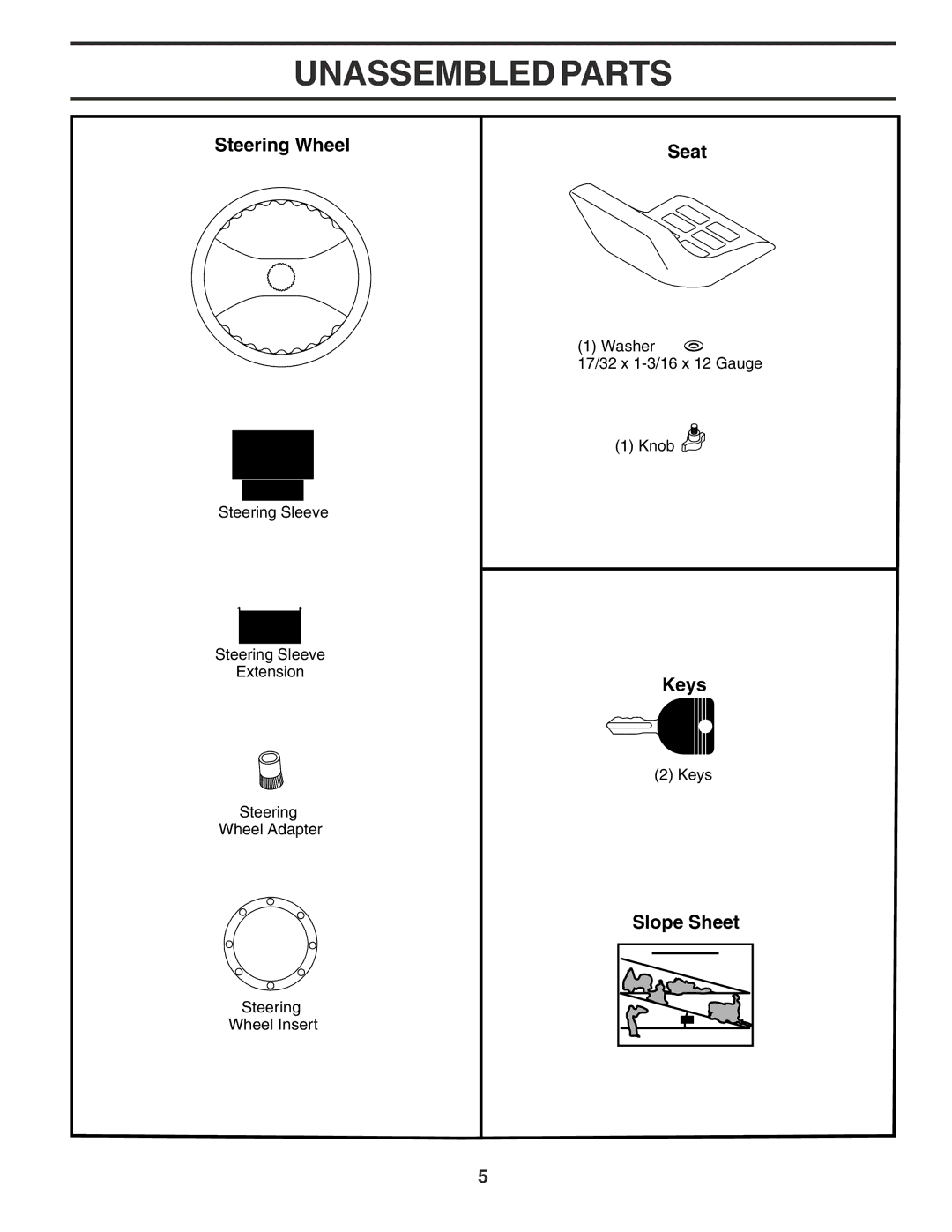 Poulan PR20PH42STB owner manual Unassembled Parts, Steering Wheel, Seat, Keys, Slope Sheet 