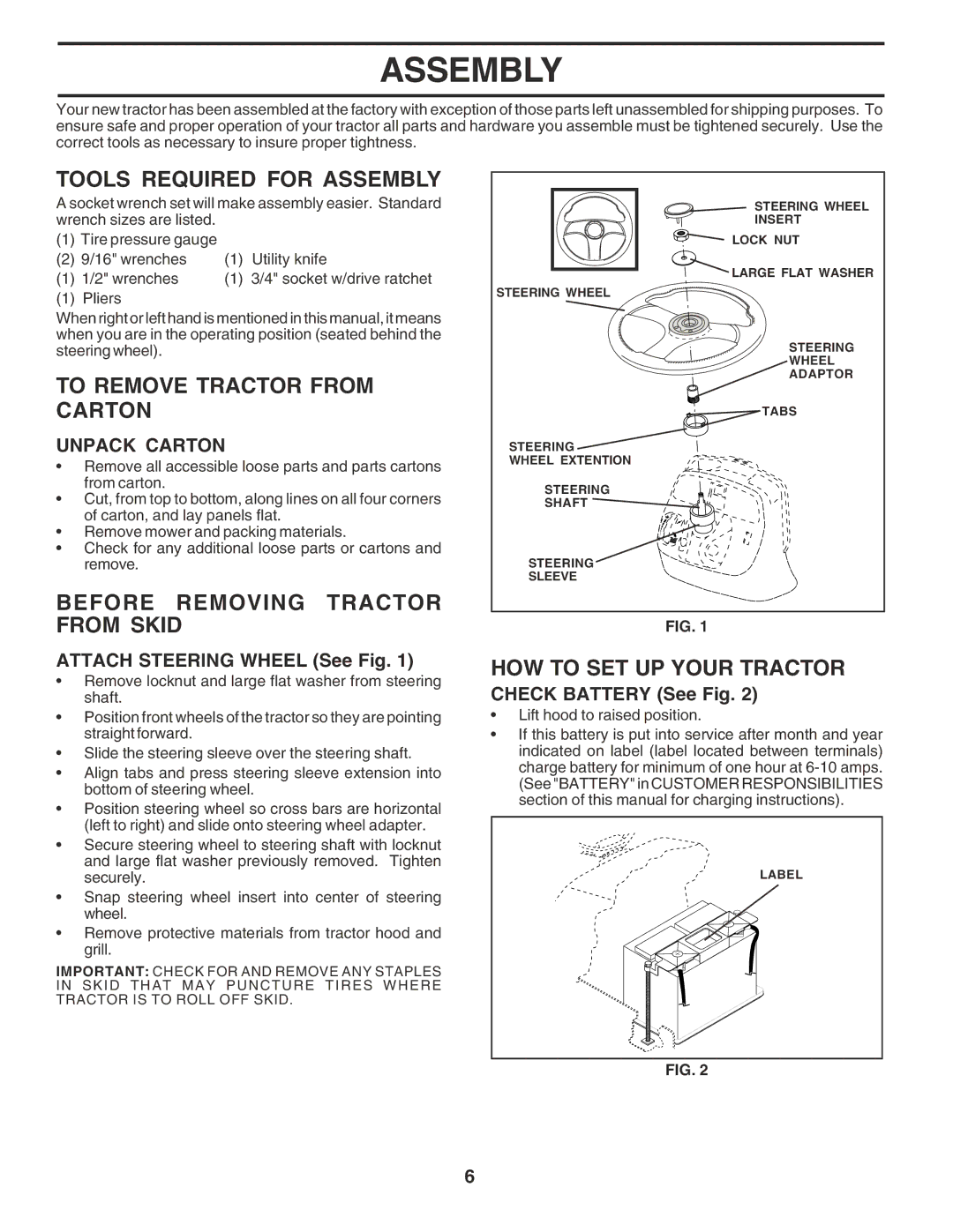 Poulan PR20PH42STB Tools Required for Assembly, To Remove Tractor from Carton, Before Removing Tractor from Skid 