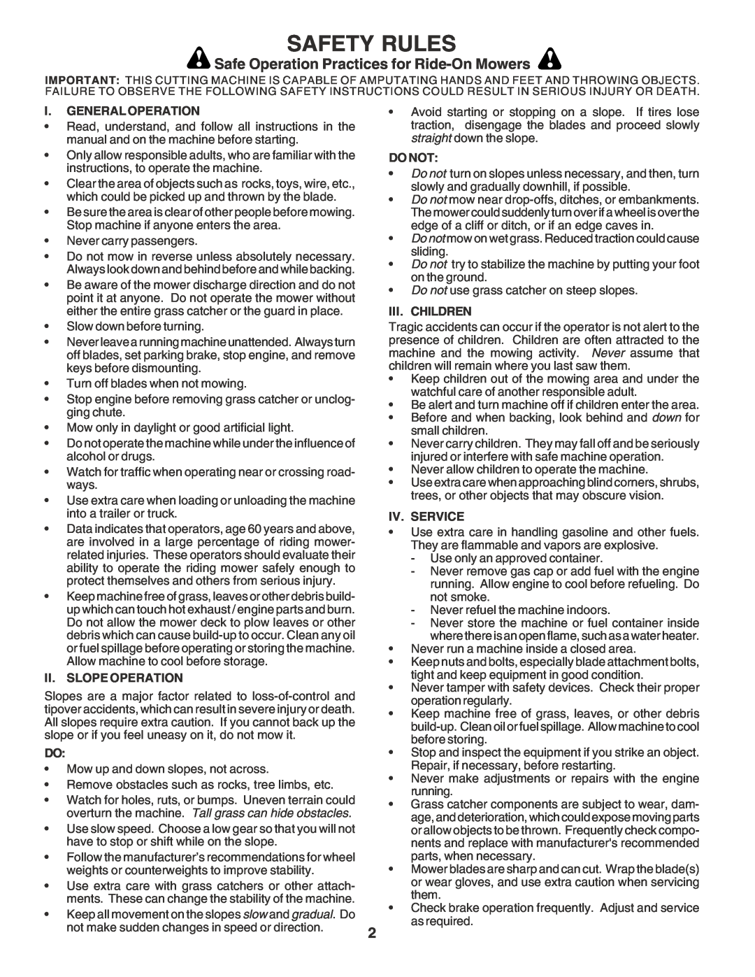 Poulan PR20PH42STB owner manual Safety Rules, Safe Operation Practices for Ride-On Mowers 
