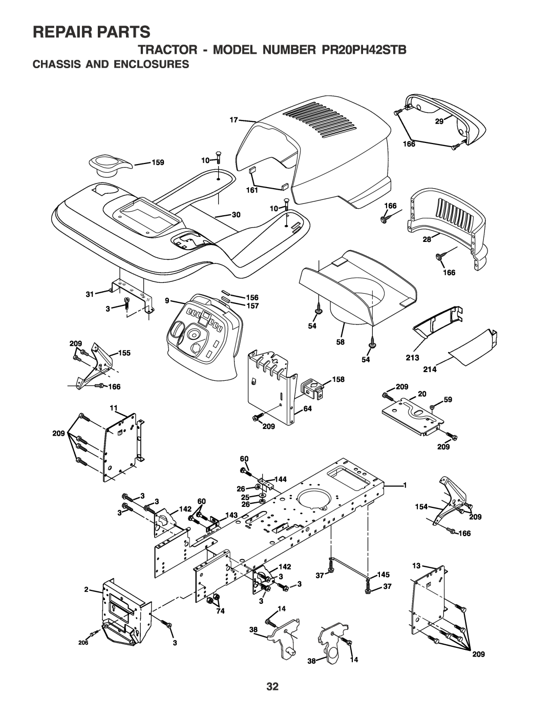 Poulan owner manual Chassis And Enclosures, Repair Parts, TRACTOR - MODEL NUMBER PR20PH42STB 