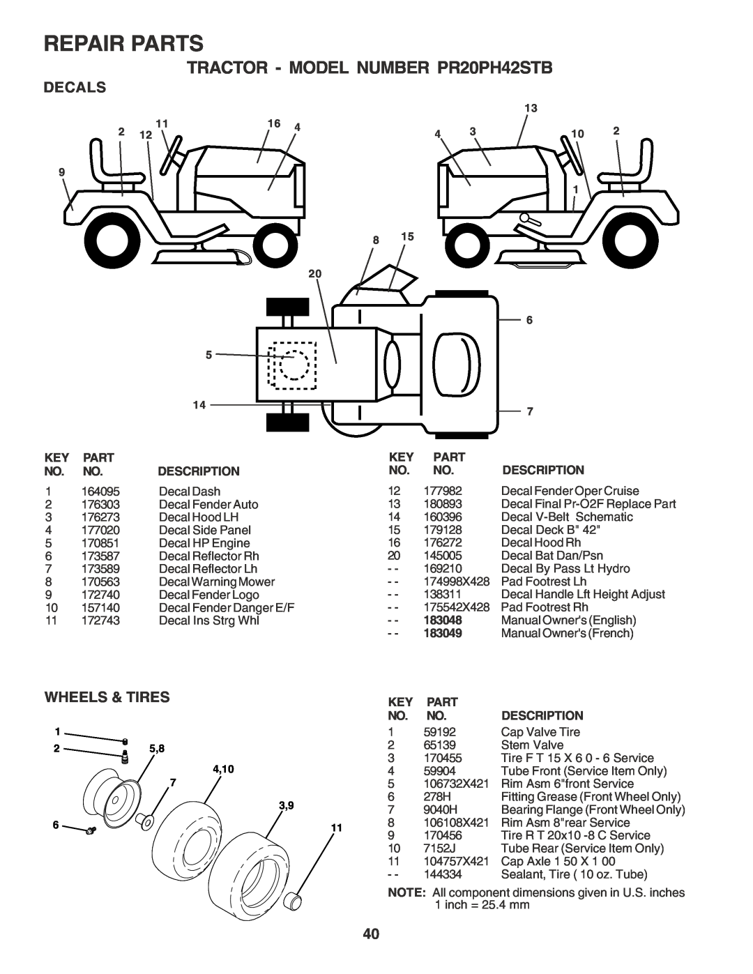 Poulan owner manual Decals, Wheels & Tires, Repair Parts, TRACTOR - MODEL NUMBER PR20PH42STB, 4,10 
