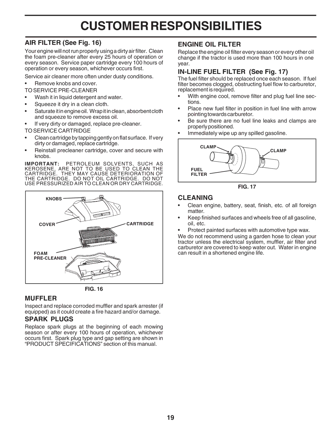 Poulan PR20PH42STC owner manual Muffler, Spark Plugs, Engine OIL Filter, Cleaning 