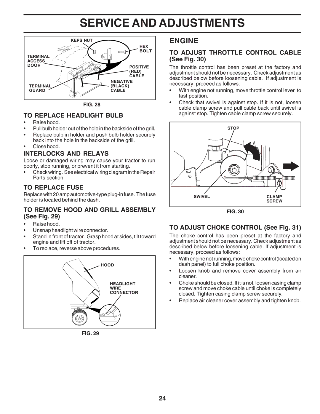 Poulan PR20PH42STC owner manual To Replace Headlight Bulb, Interlocks and Relays, To Replace Fuse 