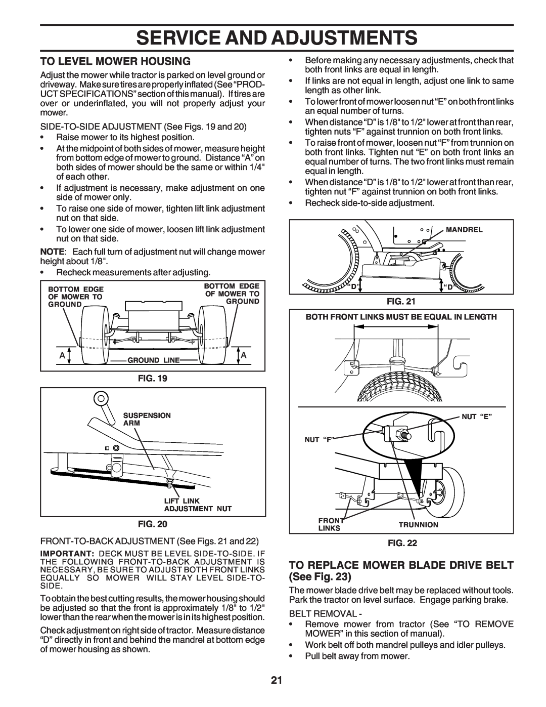 Poulan PR20PH42STC owner manual To Level Mower Housing, TO REPLACE MOWER BLADE DRIVE BELT See Fig, Service And Adjustments 