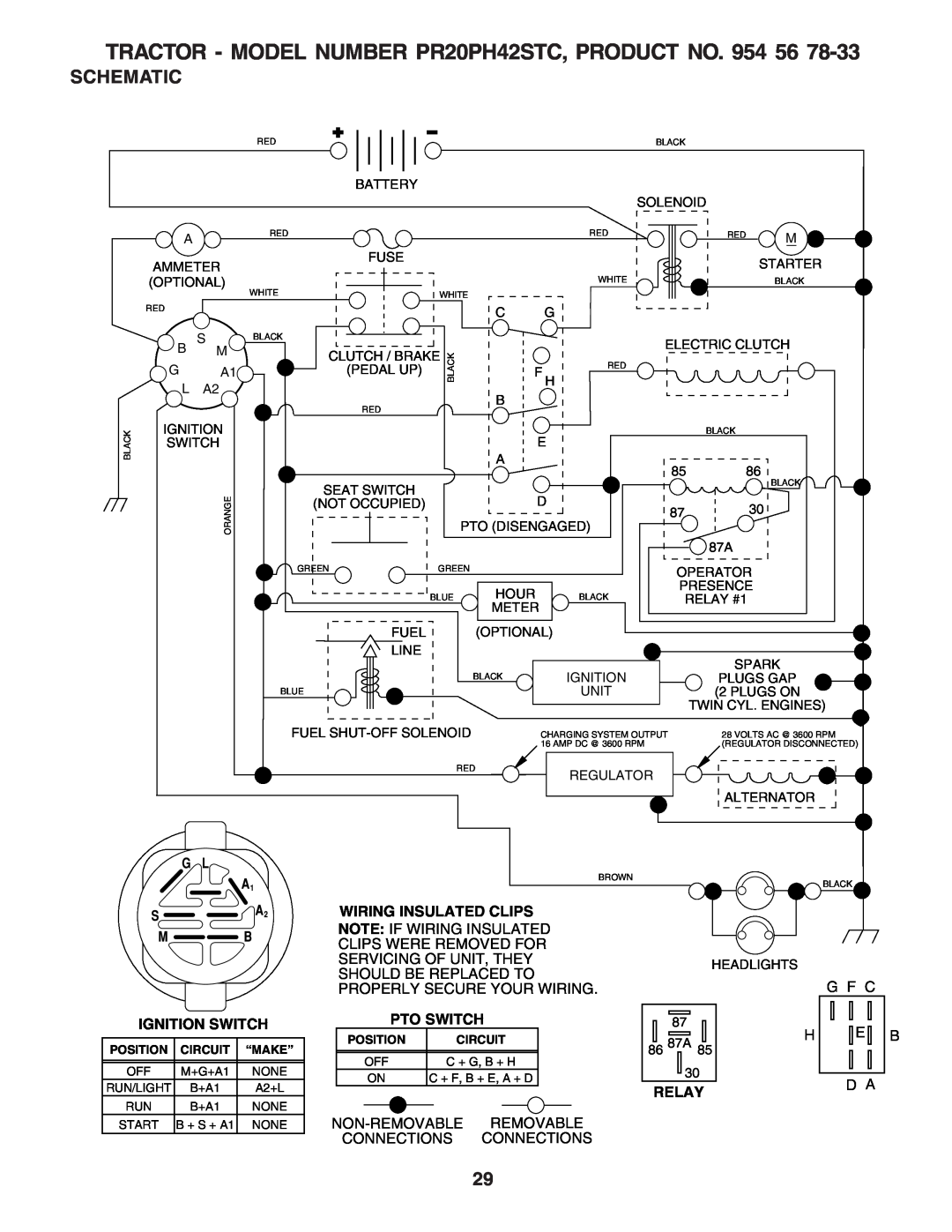 Poulan PR20PH42STC owner manual Schematic, Ignition Switch, Wiring Insulated Clips, Pto Switch, Relay 