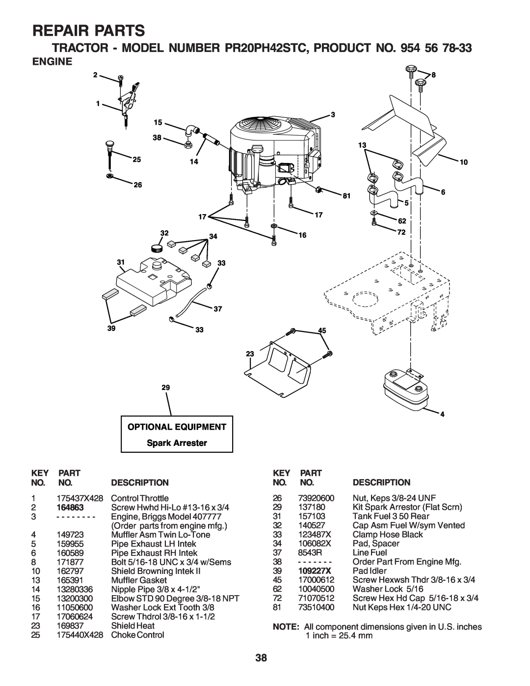 Poulan PR20PH42STC owner manual Engine, Repair Parts, Optional Equipment, Spark Arrester, Description, 164863, 109227X 
