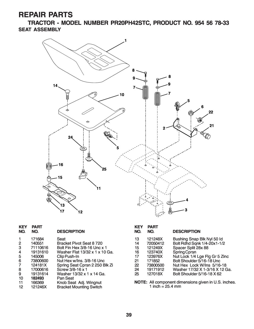 Poulan PR20PH42STC Seat Assembly, Repair Parts, 24 5 16, 13 17 KEY PART NO. NO. DESCRIPTION, 182493, Description 