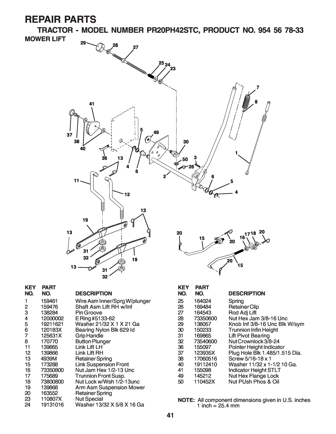 Poulan PR20PH42STC owner manual Mower Lift, Repair Parts, Description 