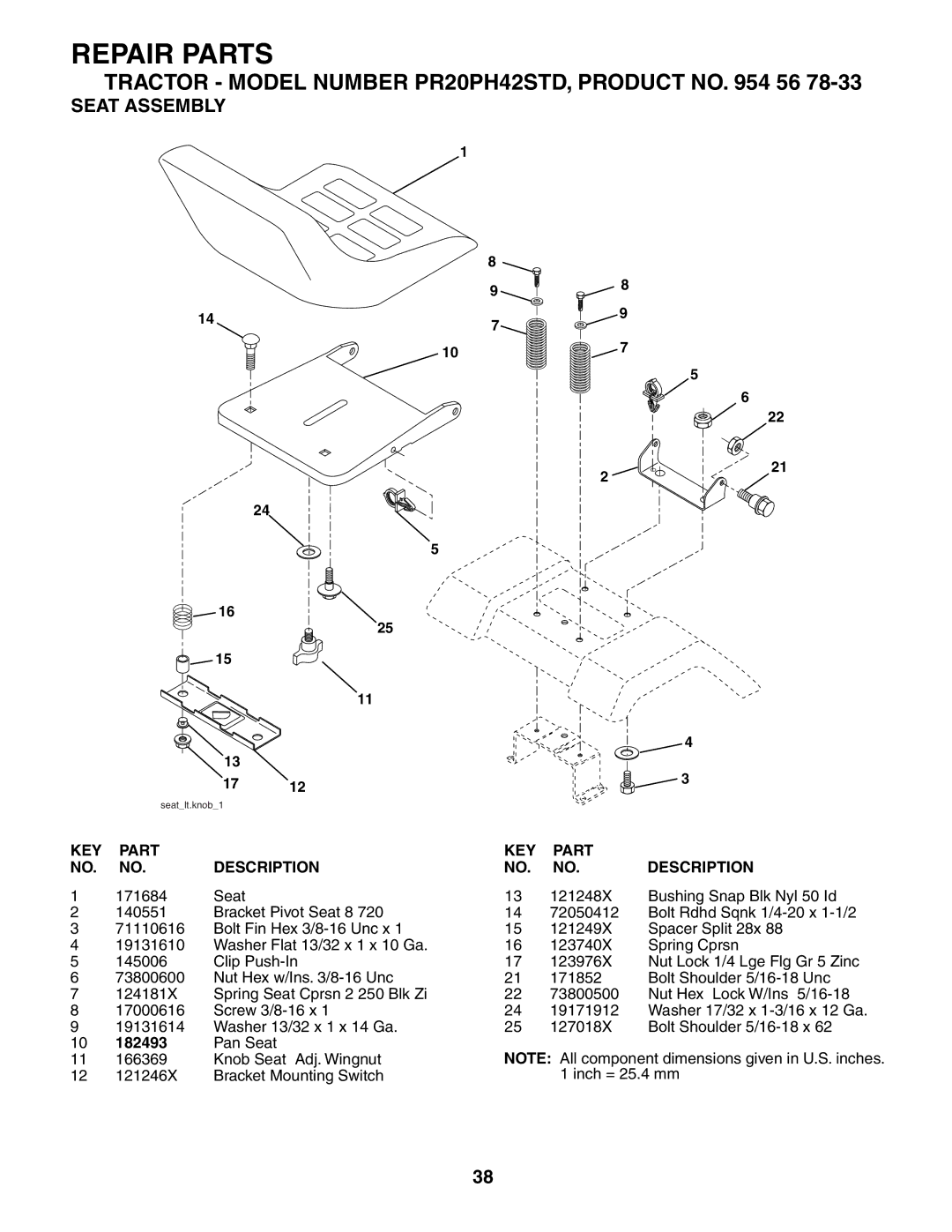 Poulan PR20PH42STD owner manual Seat Assembly, KEY Part Description 