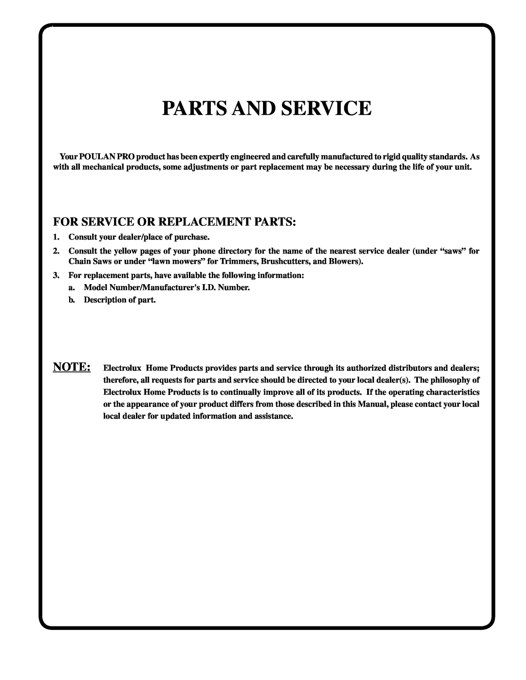 Poulan PR20PH42STD owner manual Parts And Service, For Service Or Replacement Parts 