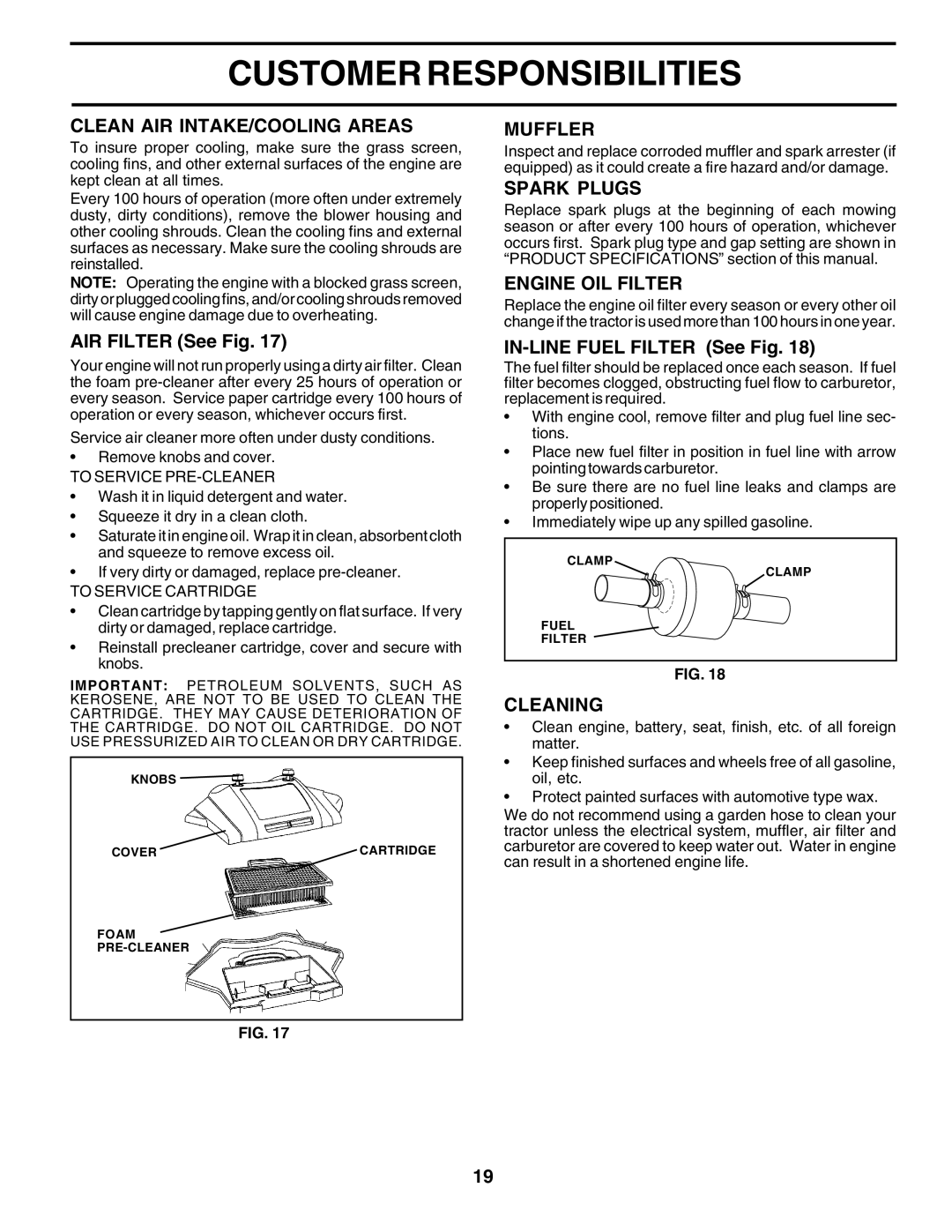 Poulan PR22H48STA owner manual Clean AIR INTAKE/COOLING Areas, Muffler, Spark Plugs, Engine OIL Filter, Cleaning 