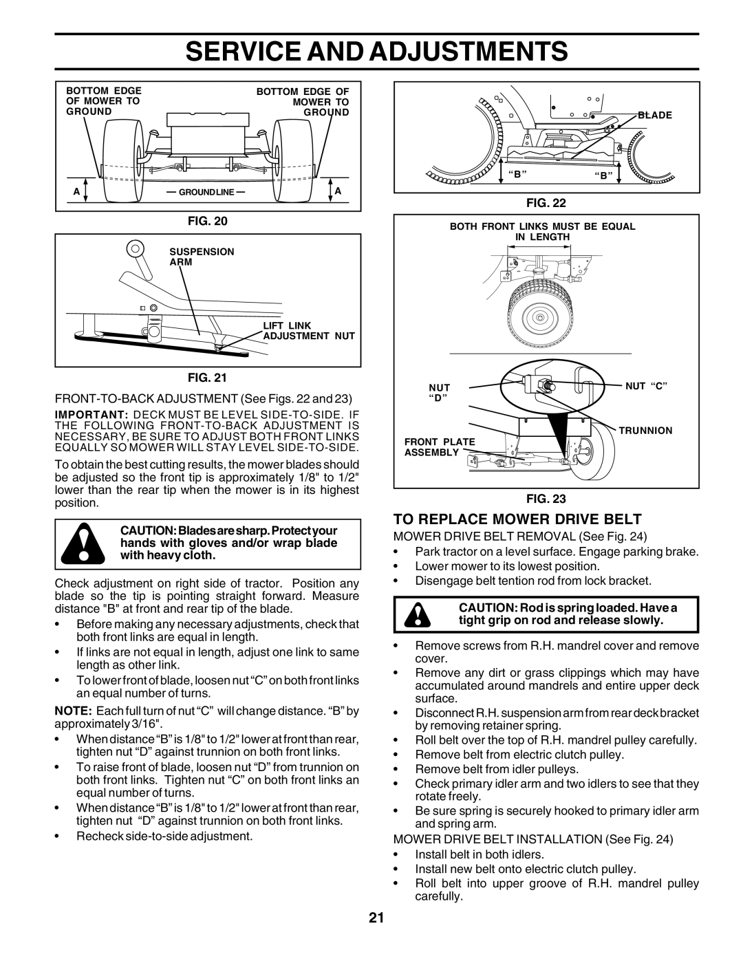 Poulan PR22H48STA owner manual To Replace Mower Drive Belt, FRONT-TO-BACK Adjustment See Figs 