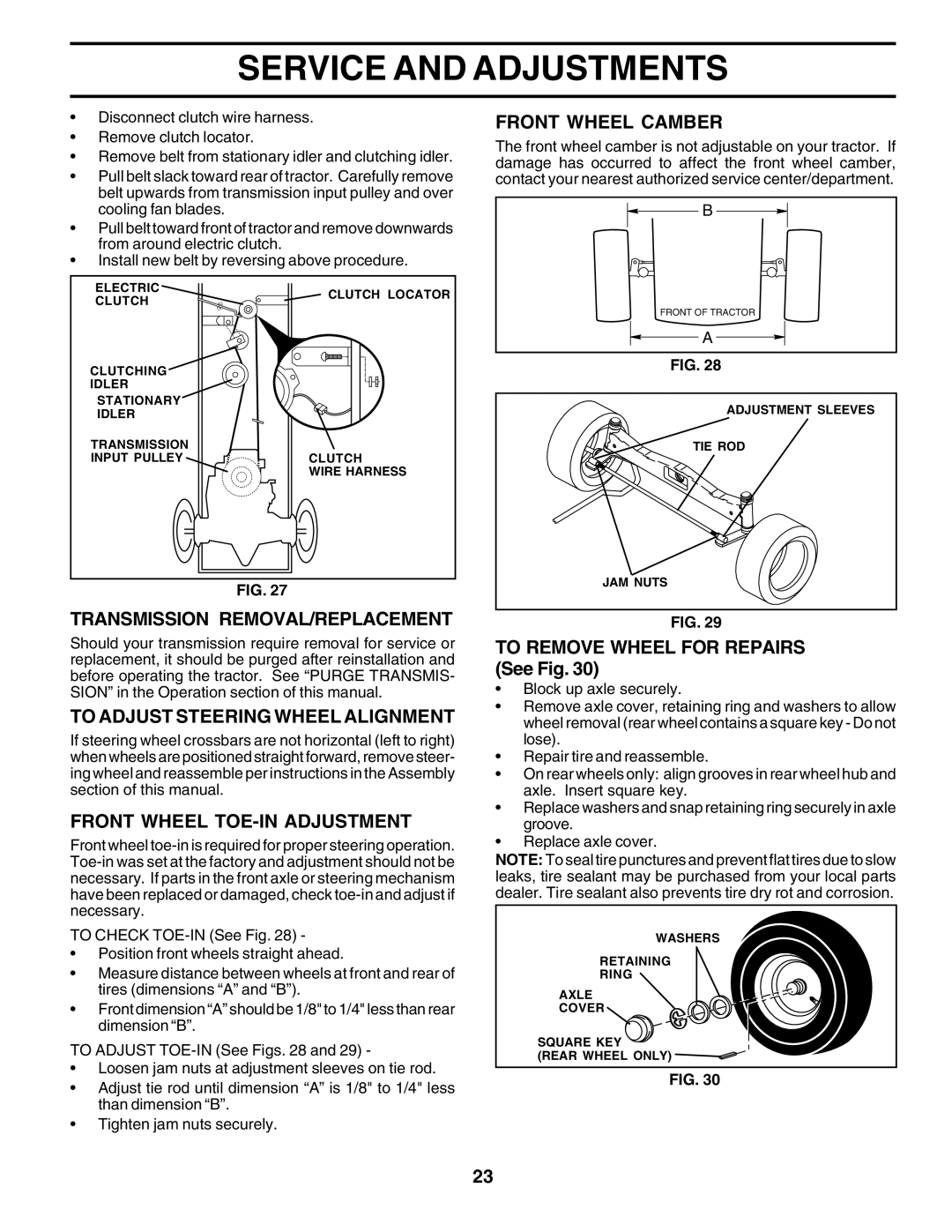 Poulan PR22H48STA Transmission REMOVAL/REPLACEMENT, To Adjust Steering Wheel Alignment, Front Wheel TOE-IN Adjustment 