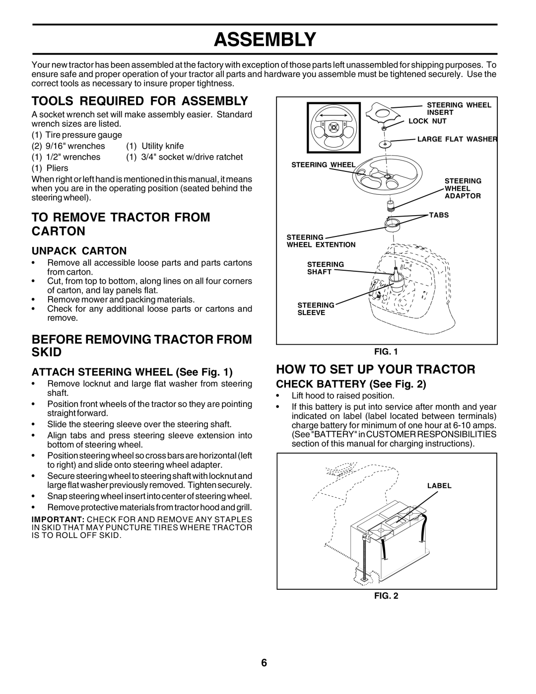 Poulan PR22H48STA Tools Required for Assembly, To Remove Tractor from Carton, Before Removing Tractor from Skid 