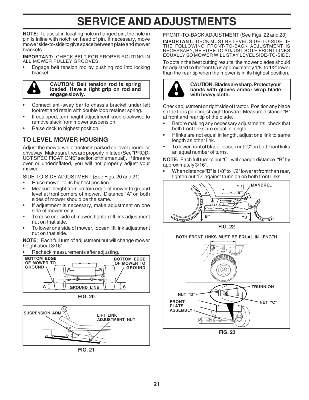 Poulan PR25PH48STA owner manual To Level Mower Housing, FRONT-TO-BACK Adjustment See Figs 