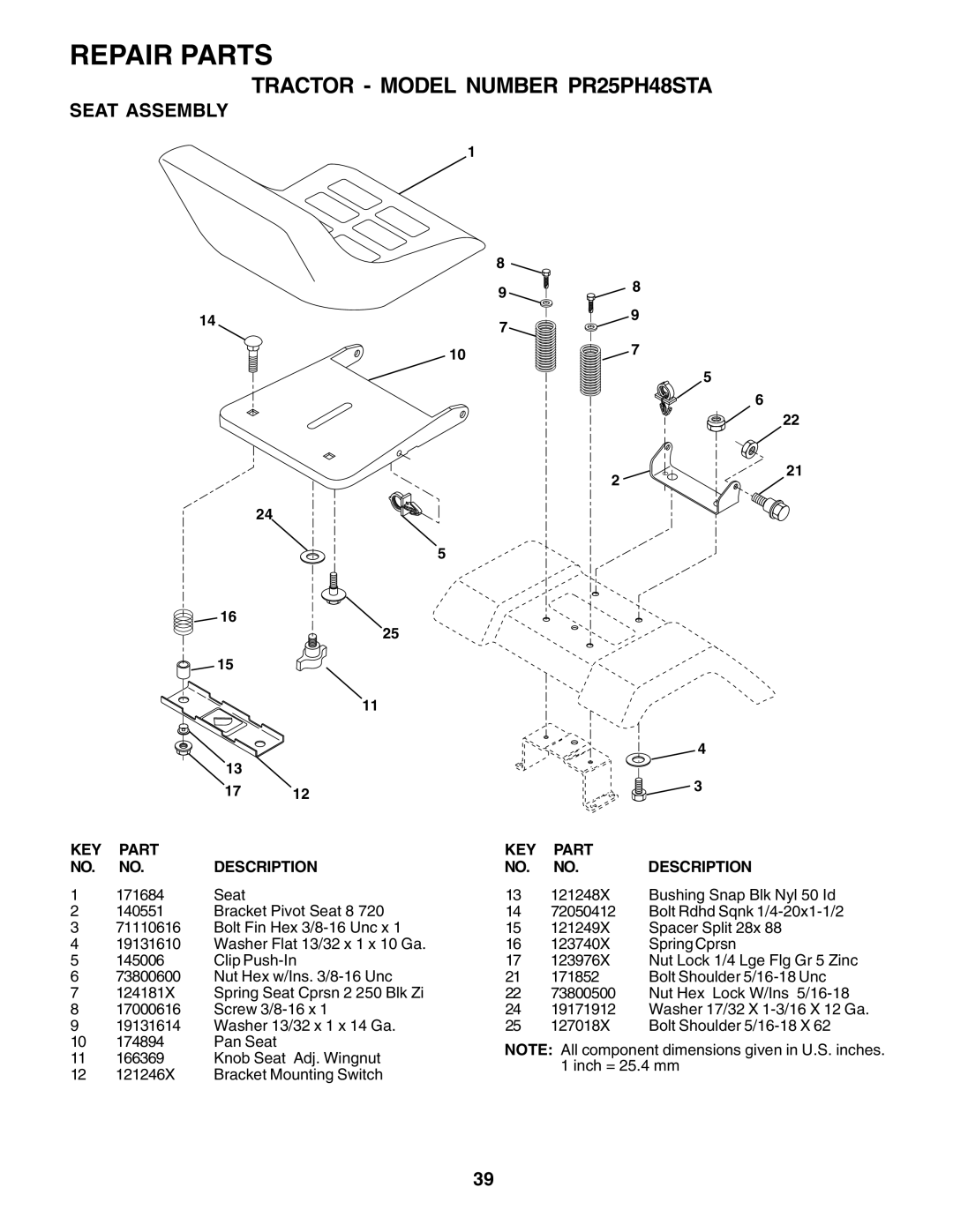 Poulan PR25PH48STA owner manual Seat Assembly 