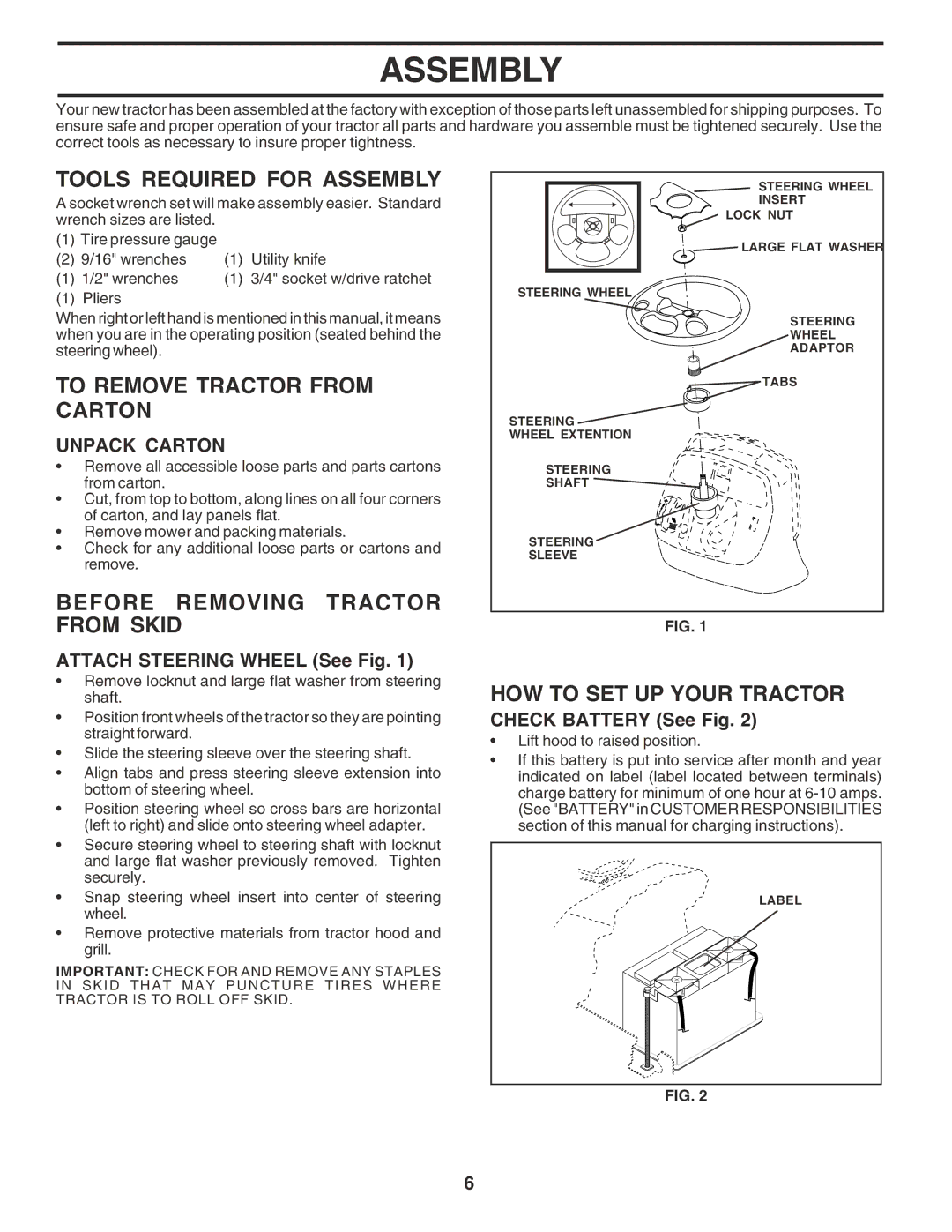 Poulan PR25PH48STA Tools Required for Assembly, To Remove Tractor from Carton, Before Removing Tractor from Skid 