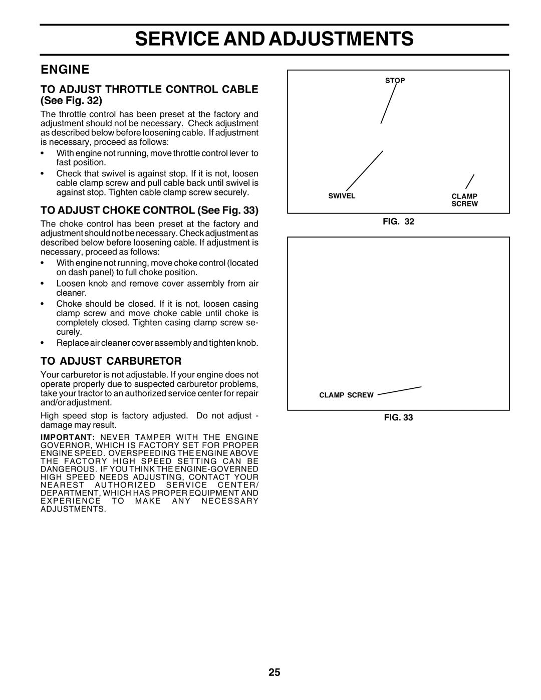 Poulan PR25PH48STB To Adjust Throttle Control Cable See Fig, To Adjust Choke Control See Fig, To Adjust Carburetor 