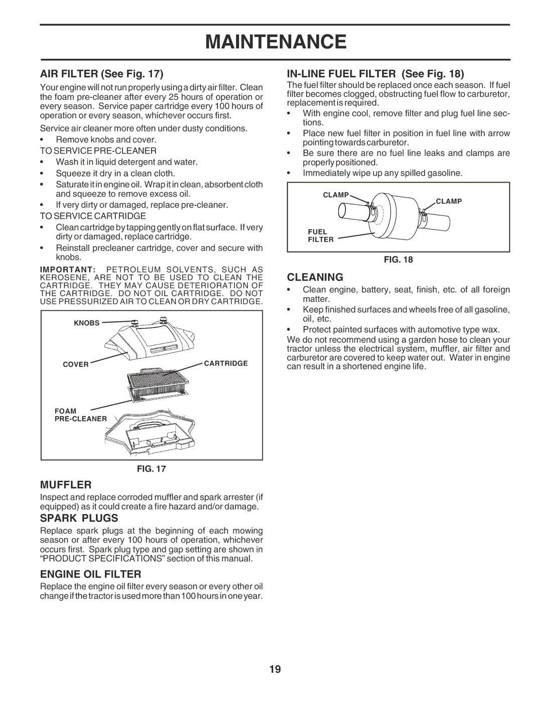 Poulan PR25PH48STC owner manual Muffler, Spark Plugs, Engine OIL Filter, Cleaning 