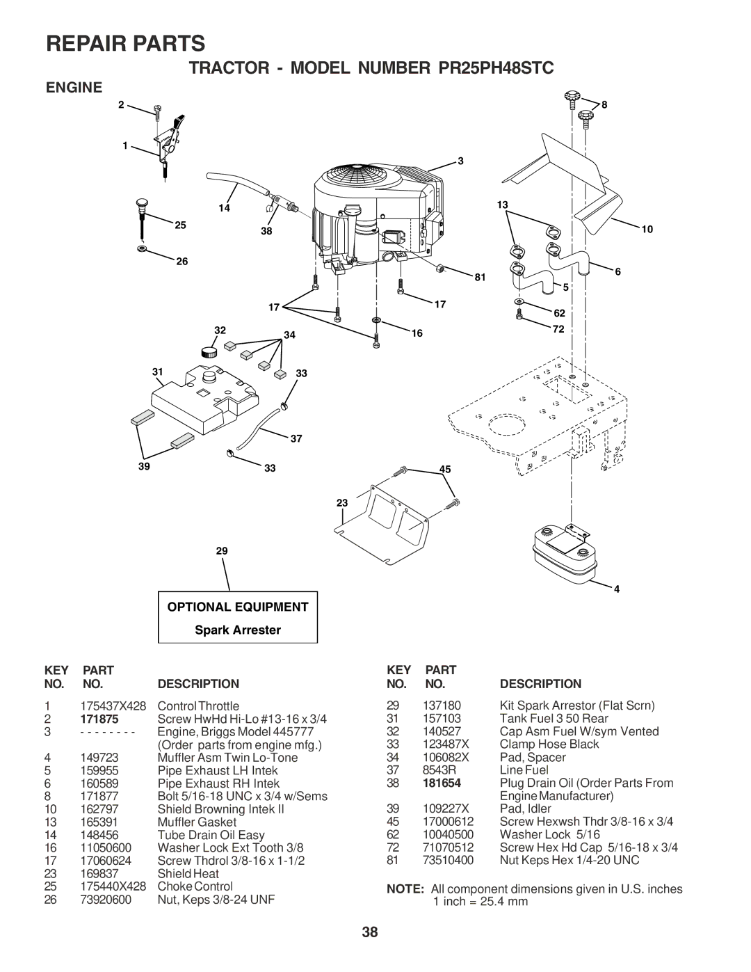 Poulan PR25PH48STC owner manual Engine, Spark Arrester, Kit Spark Arrestor Flat Scrn, 181654 