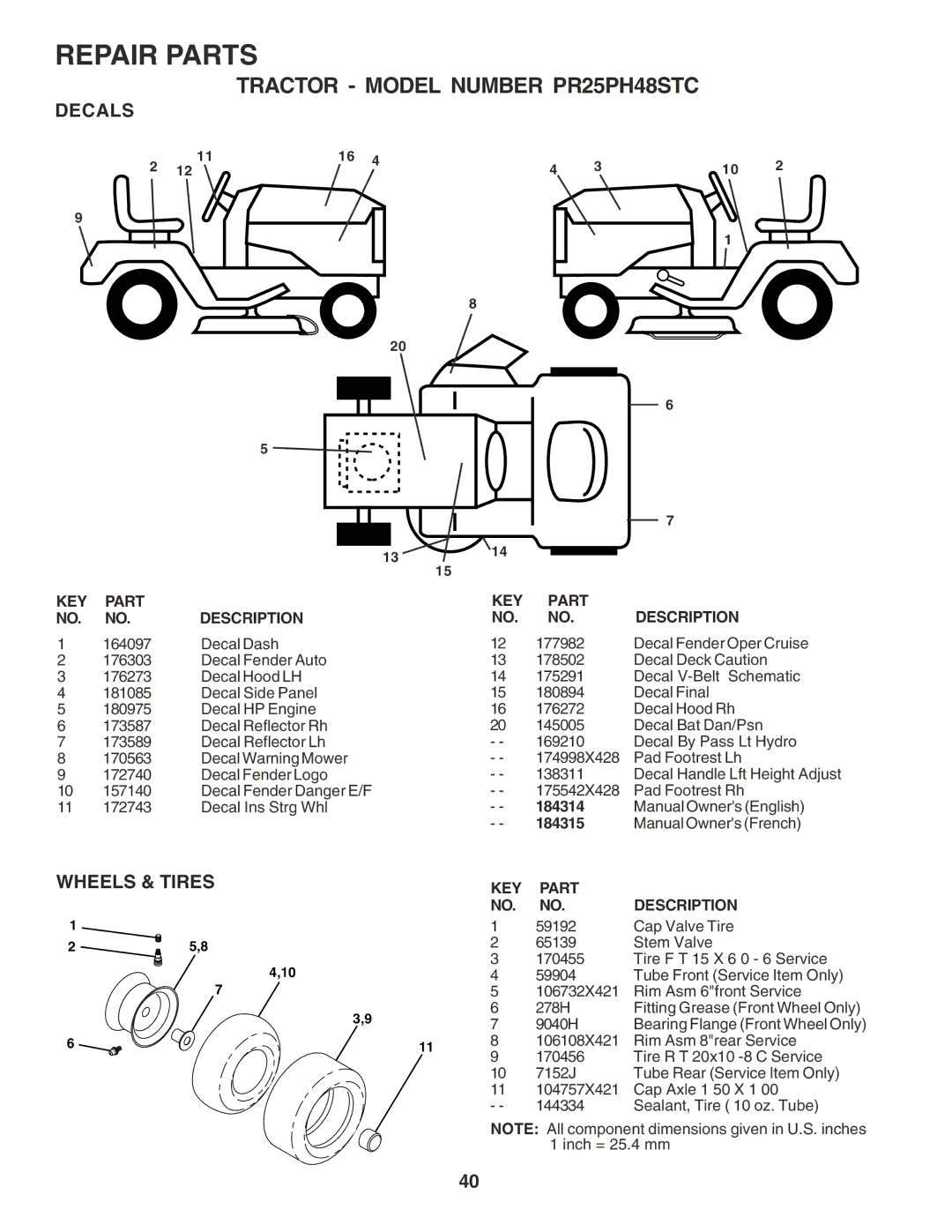 Poulan PR25PH48STC owner manual Decals, Wheels & Tires, 184314, 184315 