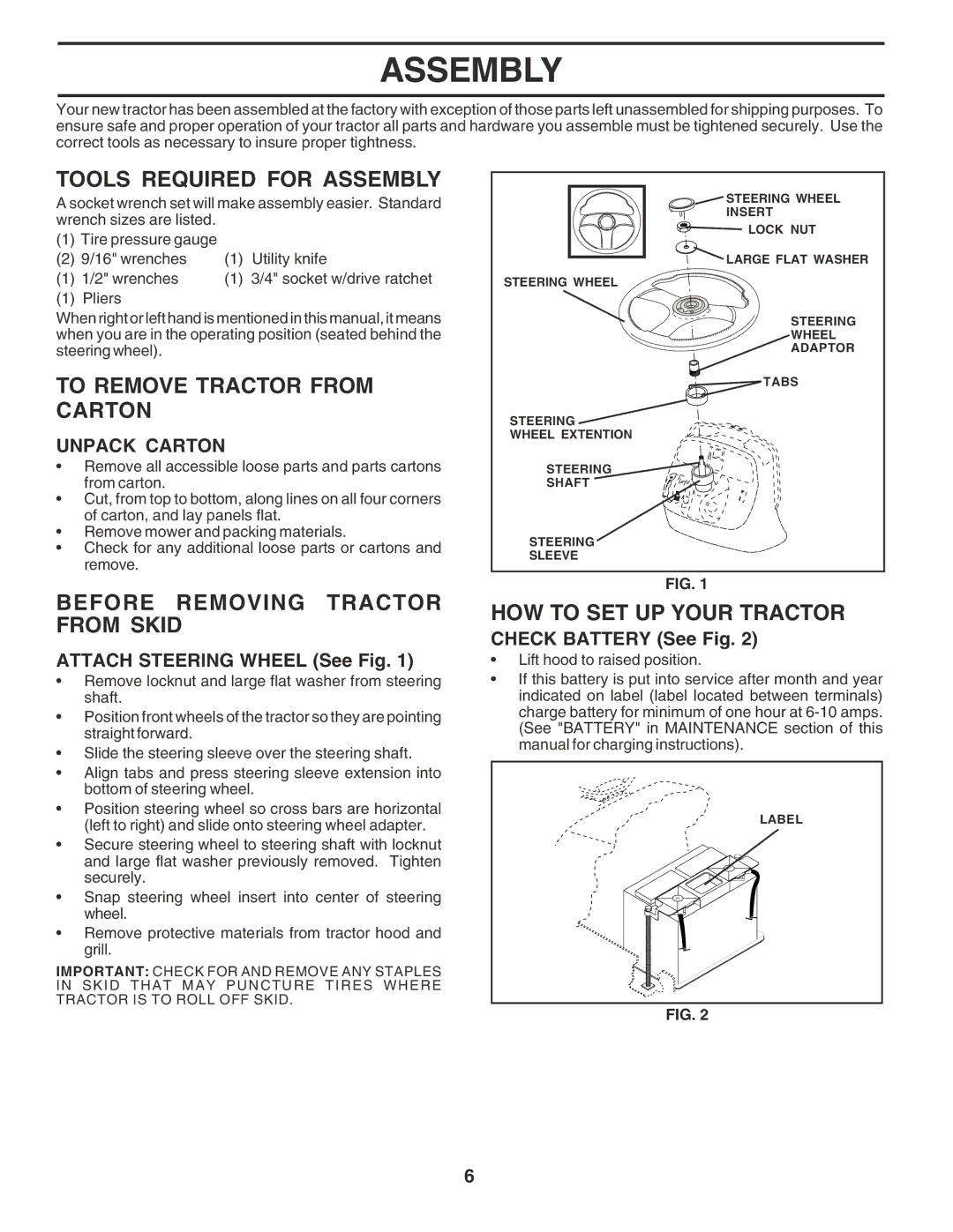 Poulan PR25PH48STC Tools Required for Assembly, To Remove Tractor from Carton, Before Removing Tractor from Skid 