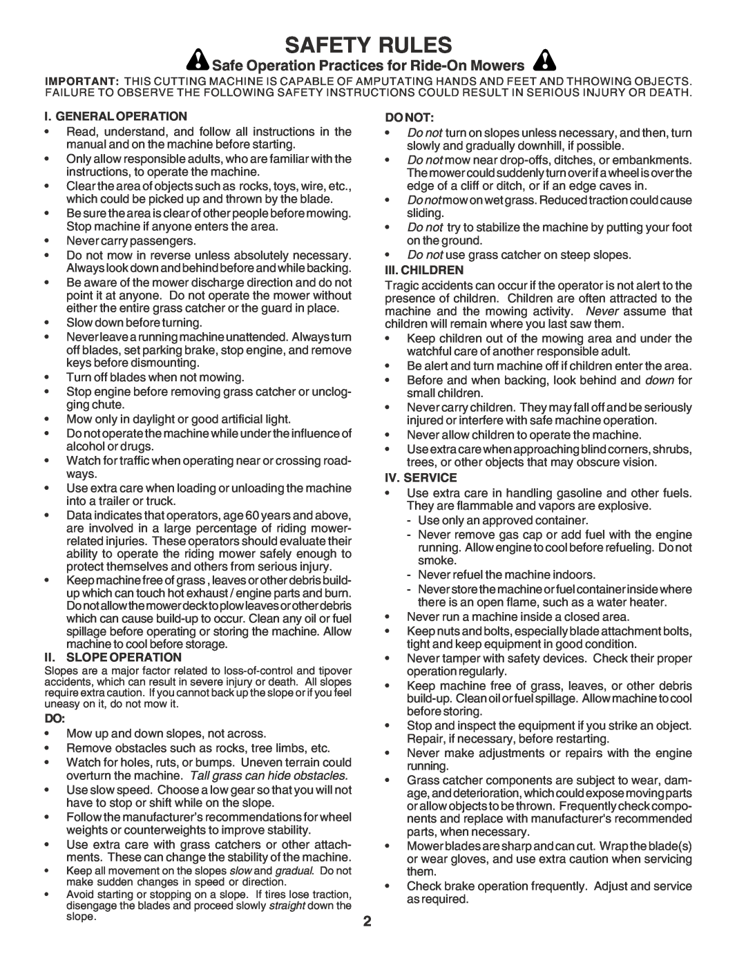 Poulan PR25PH48STC owner manual Safety Rules, Safe Operation Practices for Ride-On Mowers 