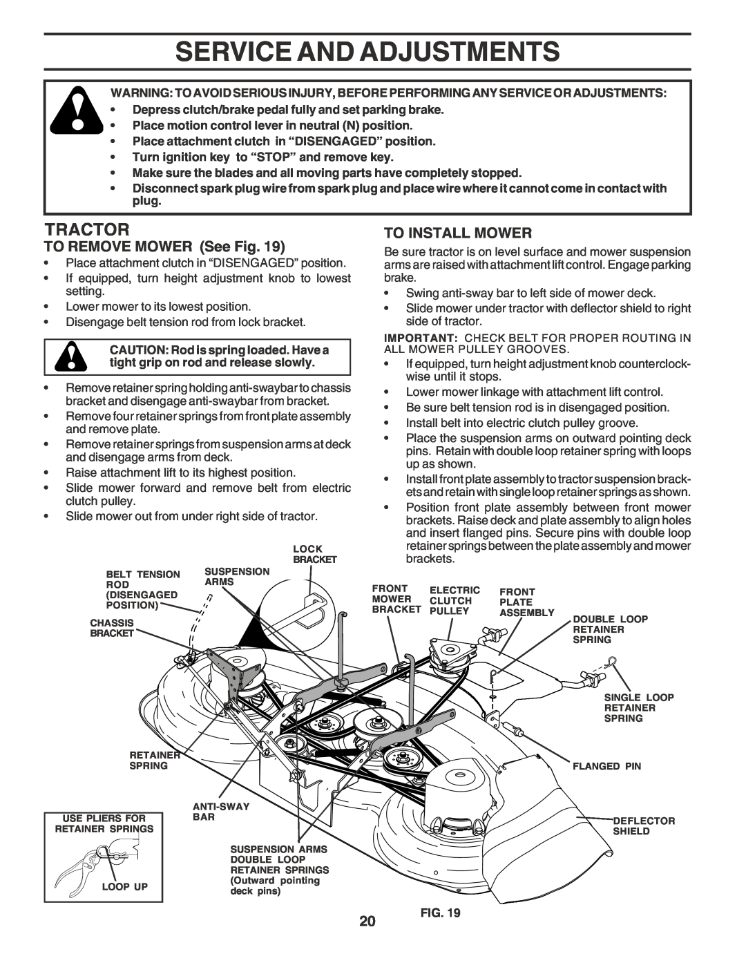 Poulan PR25PH48STC owner manual Service And Adjustments, TO REMOVE MOWER See Fig, To Install Mower, Tractor 