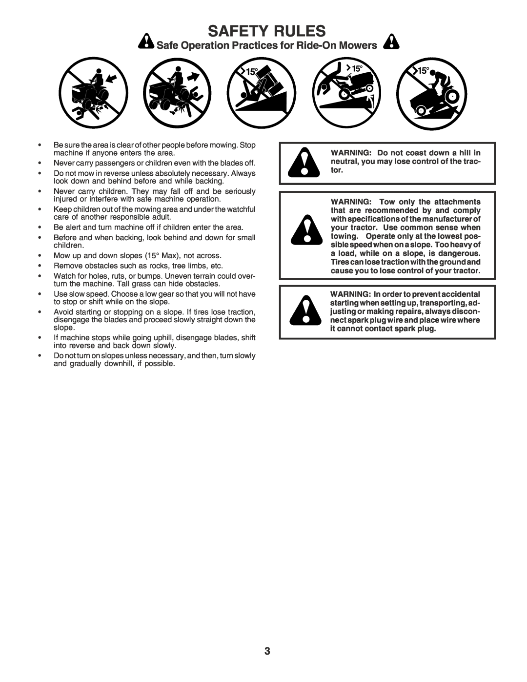 Poulan PR25PH48STC owner manual Safety Rules, Safe Operation Practices for Ride-On Mowers 