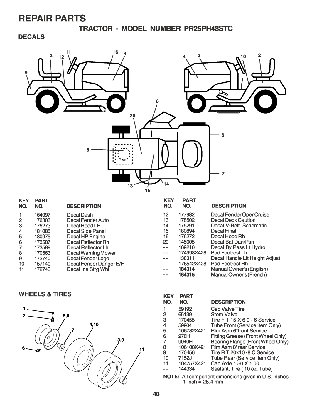 Poulan owner manual Decals, Wheels & Tires, Repair Parts, TRACTOR - MODEL NUMBER PR25PH48STC, 4,10 