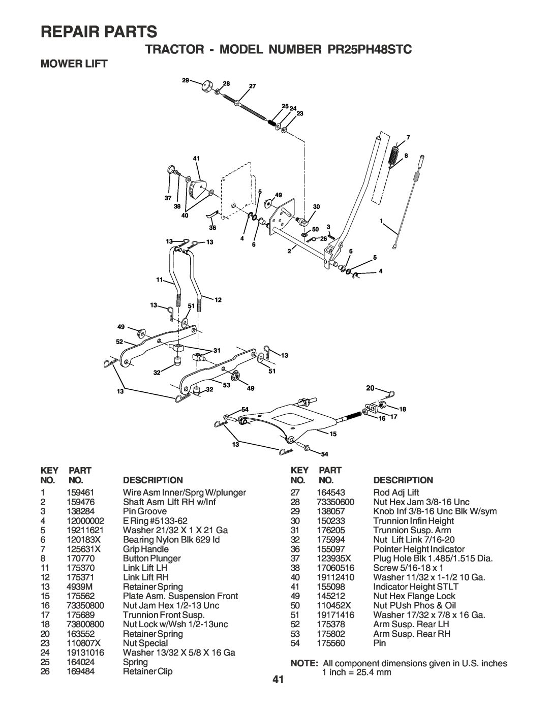 Poulan owner manual Mower Lift, Repair Parts, TRACTOR - MODEL NUMBER PR25PH48STC 