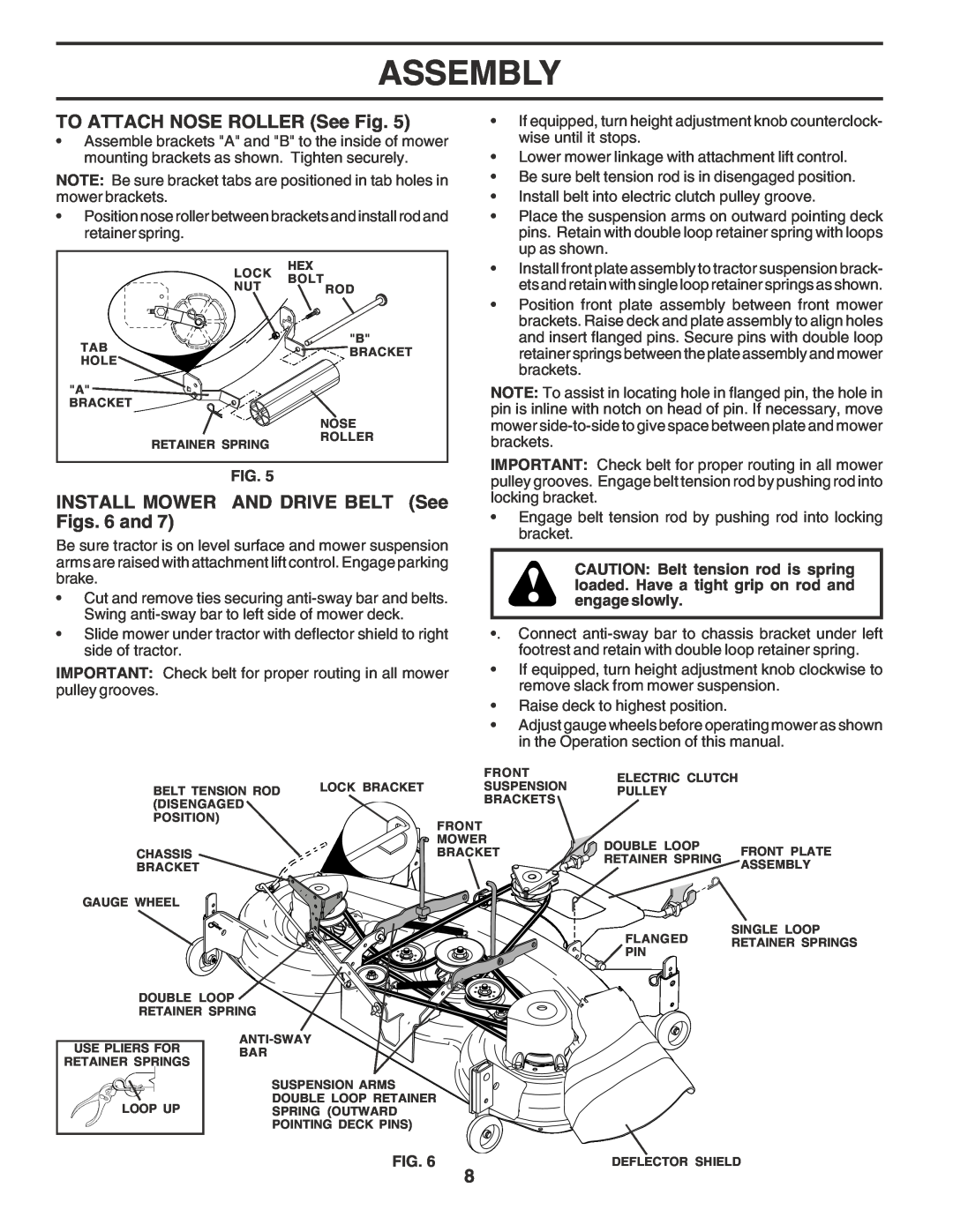 Poulan PR25PH48STC owner manual TO ATTACH NOSE ROLLER See Fig, INSTALL MOWER AND DRIVE BELT See Figs. 6 and, Assembly 