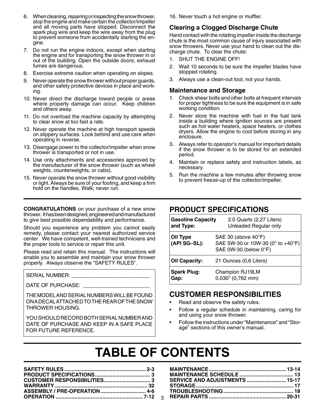 Poulan PR524 owner manual Table of Contents 