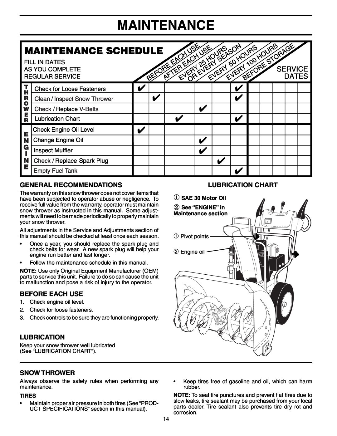 Poulan PR524ESA Maintenance, General Recommendations, Before Each Use, Snow Thrower, Lubrication Chart, Tires 